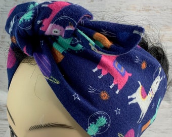 Llamas in Space - Pin Up Style Wide Head Scarf - Hair Wrap - FLANNEL Cotton Headband - Hair Wrap
