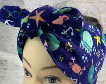 Under the Sea - Pin Up Style Wide Head Scarf - Hair Wrap - FLANNEL Cotton Headband - Hair Wrap - Jellyfish Crab Narwhal Sea Star Seahorse
