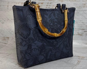 Paniola Collection: Blue Black - Embossed Hawaiian Print Vinyl Tote Bag with Bamboo Handles