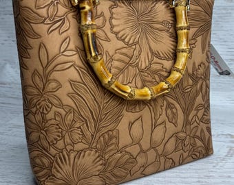 Paniola Collection: Light Brown - Embossed Hawaiian Print Vinyl Tote Bag with Bamboo Handles
