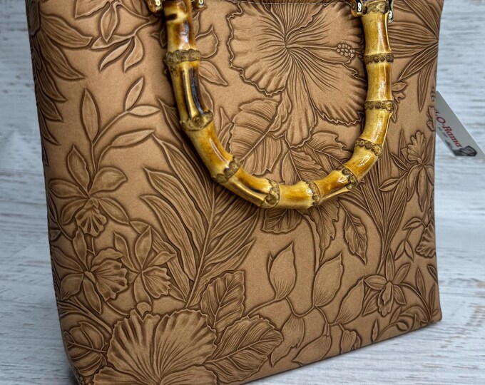 Paniola Collection: Light Brown - Embossed Hawaiian Print Vinyl Tote Bag with Bamboo Handles