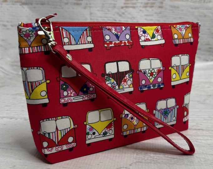 VW Bus - Clutch - Cotton - Zipper Pouch - Wristlet - Hippy Days - Deadhead - Flower Power - Summer Bag - 60s