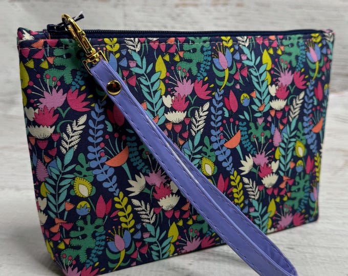 Spring Garden - Blue  - Clutch - Cotton - Zipper Pouch - Wristlet - MCM - Floral - Spring - Summer Bag - Flowers - Boho - Country