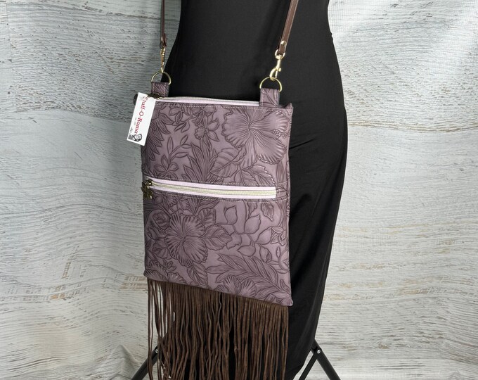 Paniola Fringe - Eggplant - Vinyl - Purse - Crossbody - Hawaiian Cowgirl - Tiki - Polynesian - Hawaii - Tropical Flowers - California