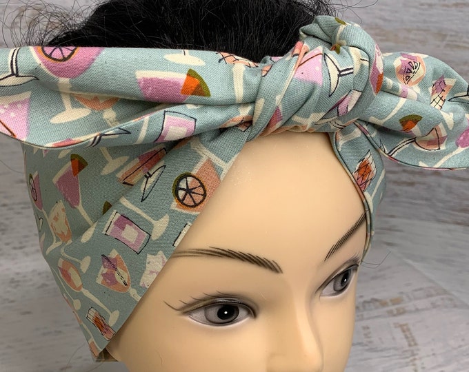 Summer Cocktails - Blue - Pin Up Style Wide Head Scarf - Hair Wrap - Cotton Headband - Cocktails - Pool Party