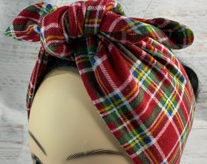 Christmas Plaid - Pin Up Style Wide Head Scarf - Hair Wrap - FLANNEL Cotton Headband - Hair Wrap