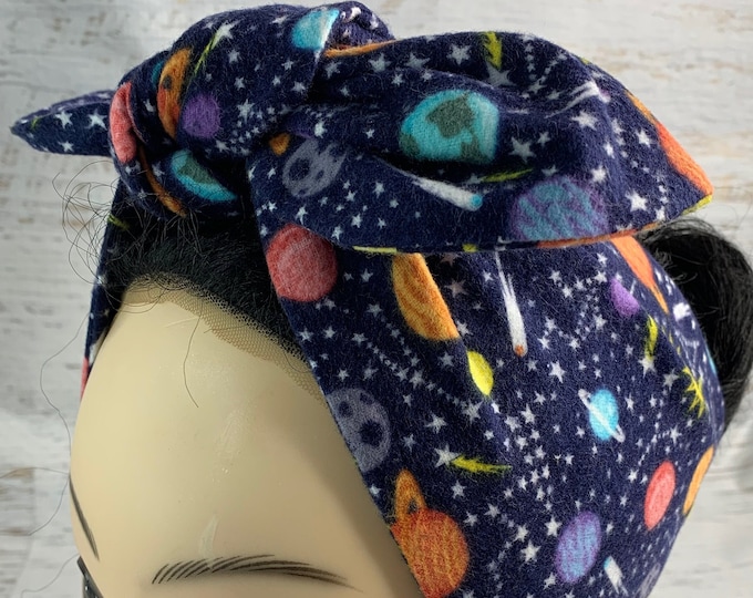 Solar System - Planets - Pin Up Style Wide Head Scarf - Hair Wrap - FLANNEL Cotton Headband - Hair Wrap