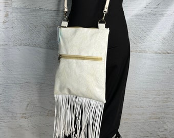 Paniola Fringe - Cream - Vinyl - Purse - Crossbody - Hawaiian Cowgirl - Tiki - Polynesian - Hawaii - Tropical Flowers - California