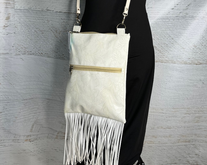 Paniola Fringe - Cream - Vinyl - Purse - Crossbody - Hawaiian Cowgirl - Tiki - Polynesian - Hawaii - Tropical Flowers - California