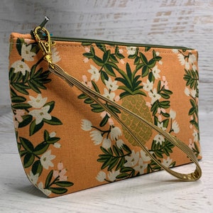 Goldene Ananas - Terracotta - Clutch - Reißverschluss-Beutel - Handgelenktasche - Reisetasche - Tiki - MCM - Hawaiischer Druck - Mid Century Modern