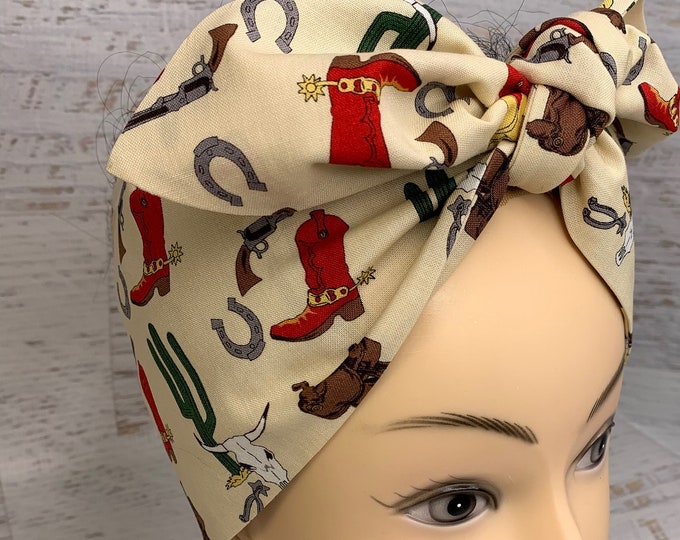 Western Desert Cowboy - Pin Up Style Wide Head Scarf - Hair Wrap - Cotton - Country - Western - Retro Vintage - Rockabilly