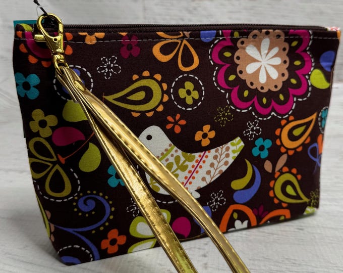 Scandinavian- Brown - Clutch - Cotton - Zipper Pouch - Wristlet - Spring - Summer - Paisley - Flowers - Peace Dove - 70s - Psychedelic