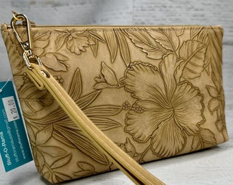 Paniola Collection: Tan Floral Embossed Vinyl Hawaiian Print Clutch Wristlet