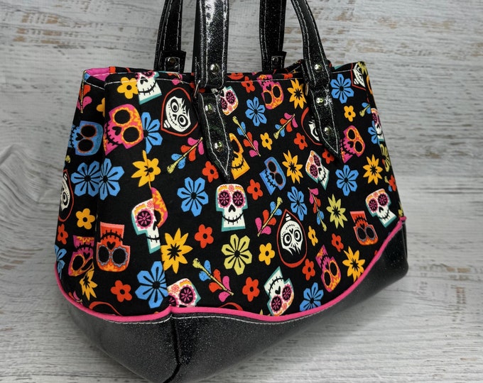 Coco - Black - Glitter Vinyl Shoulder Bag - Handbag Purse - Bag - Day of the Dead - Dias de los Muertos - Disney Officially Licensed Fabric