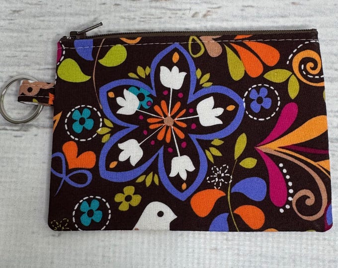 Scandinavian- Brown - Cotton - Coin Purse - Keychain - Wallet - Key Fob - Key Ring - Spring - Summer Paisley - Flowers - Peace Dove - 70s