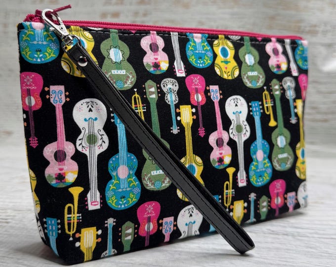 Acoustic Guitars on Black - Cotton Woven Zippered Clutch Pouch Wristlet