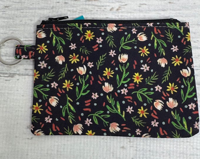 Daisies Floral - Black - Cotton - Coin Purse - Keychain - Wallet - Key Fob - Key Ring - MCM - Spring - Summer Bag - Flowers - Boho - Country