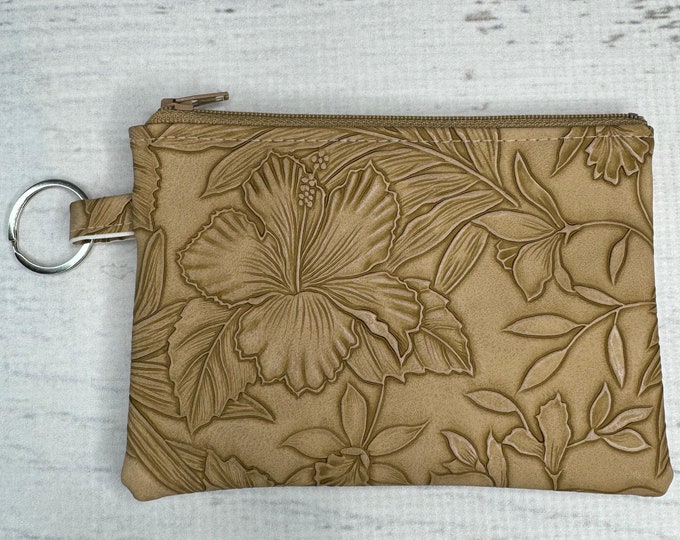 Paniola - Tan - Coin Purse - Keychain - Wallet - Key Fob - Key Ring - Floral - Aloha Print - Hawaiian Print - Vinyl