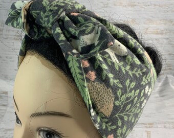 Woodland Creatures - Pin Up Style Wide Head Scarf - Hair Wrap - FLANNEL Cotton Headband - Hair Wrap - Rabbit - Hedgehog -Porcupine - Bird