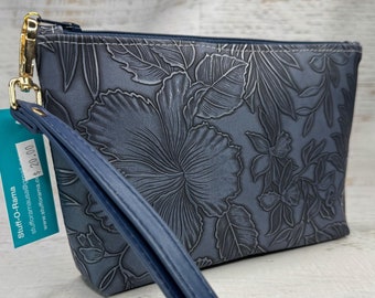 Paniola - Blue Black - Hawaiian Aloha Print - Clutch - Zipper Pouch - Wristlet - Retro Hawaiian Print - Travel Bag - Nightclub - Vinyl