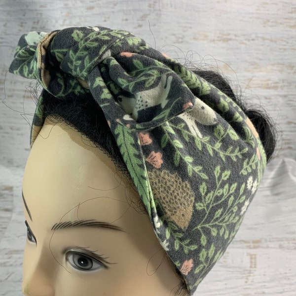 Woodland Creatures - Pin Up Style Wide Head Scarf - Hair Wrap - FLANNEL Cotton Headband - Hair Wrap - Rabbit - Hedgehog -Porcupine - Bird