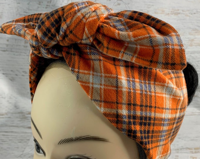 Autumn Plaid - Pin Up Style Wide Head Scarf - Hair Wrap - FLANNEL Cotton Headband - Hair Wrap