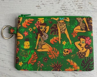 Tiki Temptress by Miss Fluff - Cotton - Coin Purse - Keychain - Wallet - Key Fob - Key Ring - Aloha Print - Hawaiian Print - Pin Up