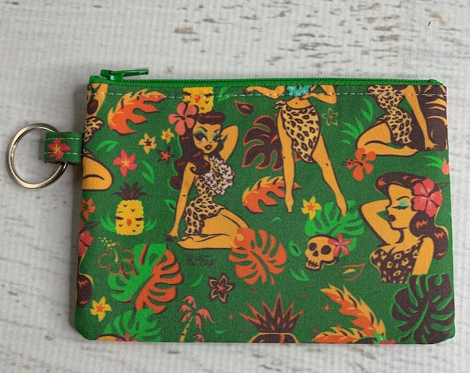 Tiki Temptress by Miss Fluff - Cotton - Coin Purse - Keychain - Wallet - Key Fob - Key Ring - Aloha Print - Hawaiian Print - Pin Up