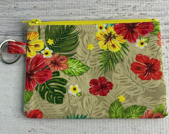 Hibiscus Flowers - Cotton - Coin Purse - Keychain - Wallet - Key Fob - Key Ring - Floral - tiki Tropical - palms - monsterra