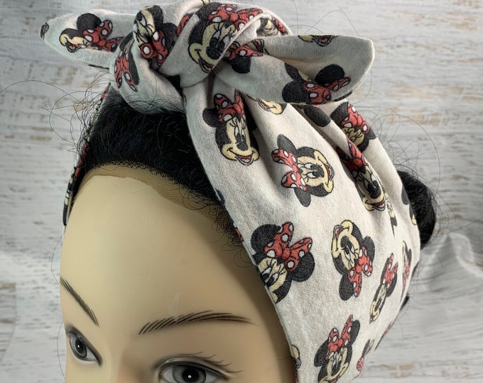 Minnie Mouse Floral - Pin Up Style Wide Head Scarf - Hair Wrap - FLANNEL Cotton Headband - Hair Wrap