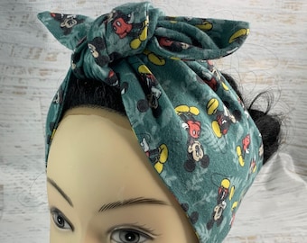 Mickey Mouse Floral - Pin Up Style Wide Head Scarf - Hair Wrap - FLANNEL Cotton Headband - Hair Wrap