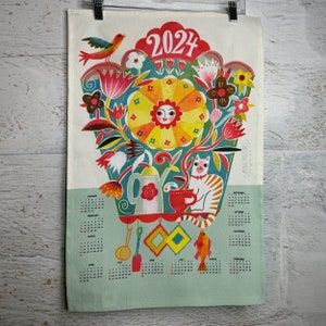 Happy Cat Clock - 2024 Calendar - Tea Towel - Bar Towel - Linen Cotton Canvas - Small World Inspired