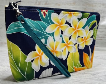 Plumeria on Navy Hawaiian Print - Cotton Woven Zippered Clutch Pouch Wristlet