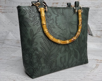 Paniola Collection: Green - Embossed Hawaiian Print Vinyl Tote Bag with Bamboo Handles