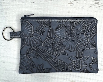 Paniola Collection: Blue Black Floral Embossed Vinyl Hawaiian Print Coin Purse Keychain