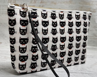 Black Cats - Cotton Woven Zippered Clutch Pouch Wristlet