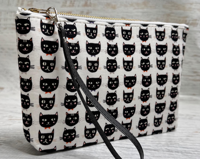 Black Cats - Cotton Woven Zippered Clutch Pouch Wristlet