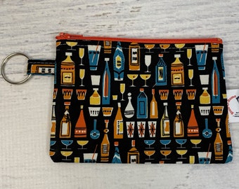 MidCentury Cocktails - Cotton - Coin Purse - Keychain - Wallet - Key Fob - Key Ring - Bar - Drinks - Tiki Bar