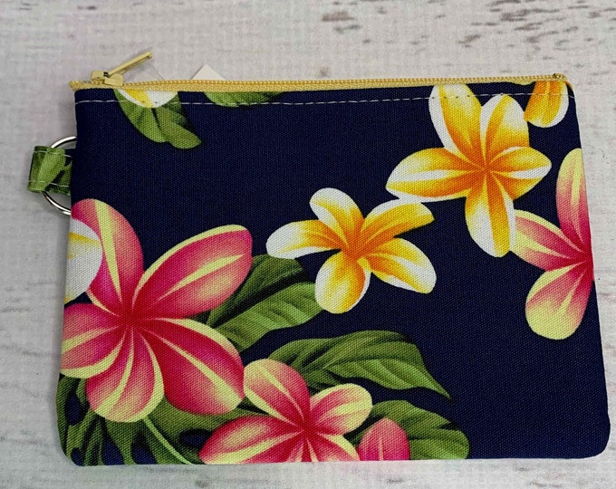 Navy Plumeria Leis - Cotton Canvas - Coin Purse - Keychain - Wallet - Key Fob - Key Ring - Aloha - Hawaiian Print - frangipani