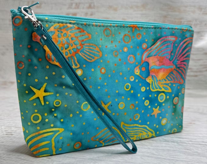 Tropical Fish - Faux Batik - Cotton Woven Zippered Clutch Pouch Wristlet