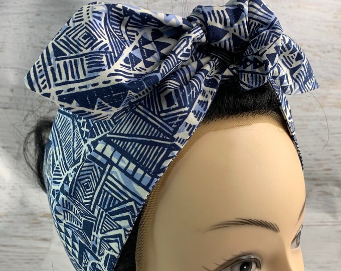 Tapa Cloth - Blue - Pin Up Style Wide Head Scarf - Hair Wrap - Cotton - Aloha Print - Hawaiian Print - Tropical Print Headband