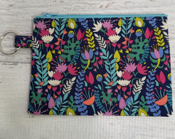 Spring Garden - Blue - Cotton - Coin Purse - Keychain - Wallet - Key Fob - Key Ring - MCM - Spring - Summer Bag - Flowers - Boho - Country