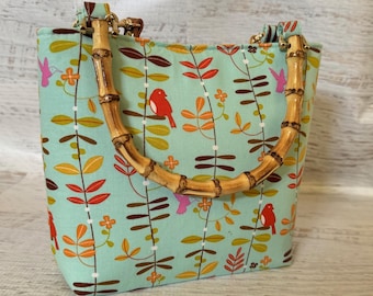 Scandinavian Birds - SMALL Cotton Tote Bag with Bamboo Handles and Crossbody Strap