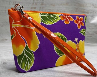 Hibiscus Hawaiian Print on Purple - Cotton Woven Zippered Clutch Pouch Wristlet