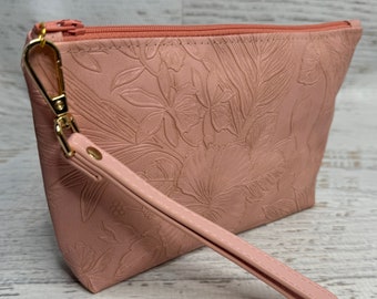 Paniola Collection: Pink Floral Embossed Vinyl Hawaiian Print Clutch Wristlet
