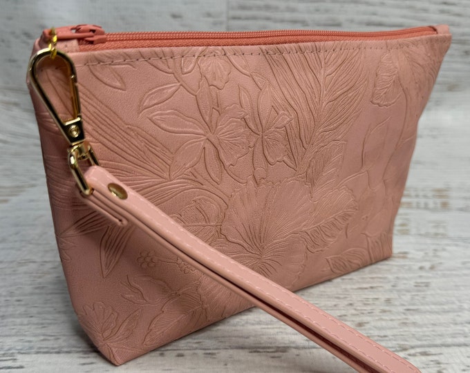 Paniola Collection: Pink Floral Embossed Vinyl Hawaiian Print Clutch Wristlet