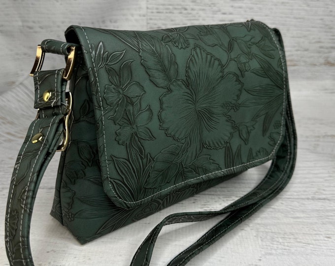 Paniola - Green - Mini Crossbody or Shoulder Strap - Flap Closure - Adjustable Strap - Vinyl - Purse - Handbag - MCM - Aloha - Hibiscus
