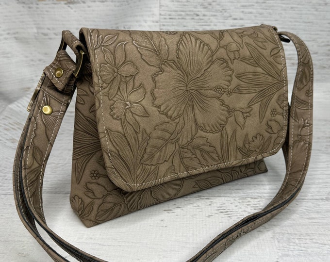 Paniola - Smoky Brown - Mini Crossbody or Shoulder Strap - Flap Closure - Adjustable Strap - Vinyl - Purse - Handbag - MCM - Aloha- Hibiscus