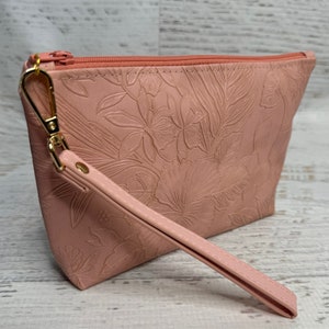 Paniola Collection: Pink Floral Embossed Vinyl Hawaiian Print Clutch Wristlet