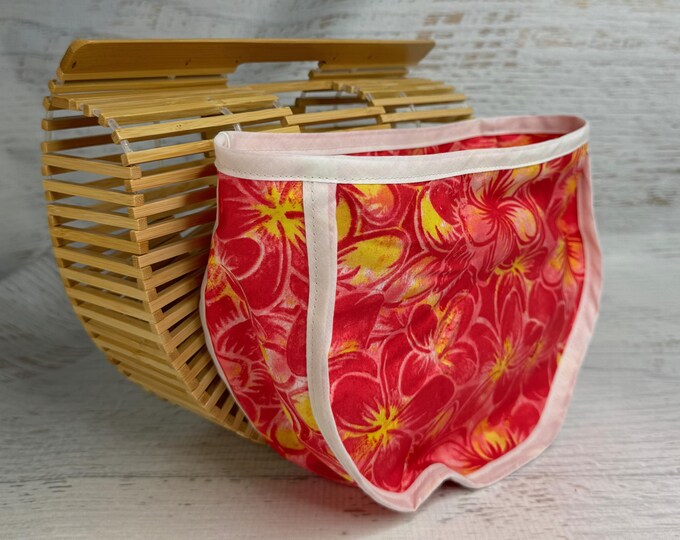 Bamboo Birdcage Purse with Hawaiian Print Liner - SMALL - Natural - Pink Yellow Plumeria